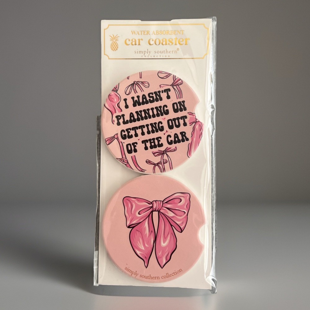 Simply Southern Car Coaster Set Absorbent Stone Pink Bow 2.5in Diameter Gift New